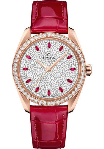 Omega Seamaster 220.58.38.20.99.001 Aqua Terra 150M Co-Axial Master Chronometer Ladies' 38mm Sedna Gold Case - Fully Paved Diamond Dial - Glossy Red Leather Strap Main image