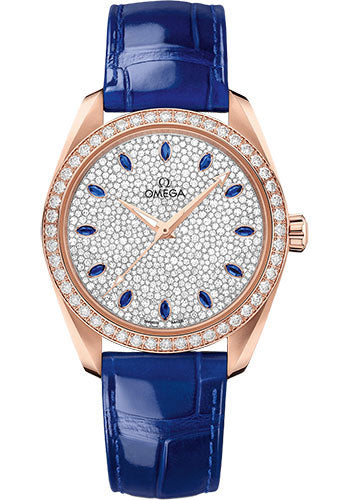 Omega Seamaster 220.58.38.20.99.002 Aqua Terra 150M Omega Co-Axial Master Chronometer Ladies' - 38mm Sedna Gold Case - Diamond Bezel - White Diamond Paved Sapphire Dial - Glossy Blue Leather Strap Main image