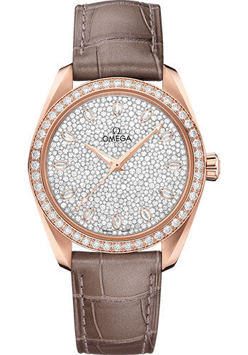 Omega Seamaster 220.58.38.20.99.003 Aqua Terra 150M Co-Axial Master Chronometer Ladies 38mm Sedna Gold Case - Diamond-Set Bezel - Radiant Diamond Dial - Taupe-Brown Leather Strap Main image