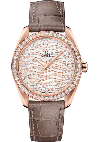 Omega Seamaster 220.58.38.20.99.006 Aqua Terra 150M Co-Axial Master Chronometer Ladies 38mm Sedna Gold Case - Diamond-Set Bezel - Radiant Diamond Dial - Taupe-Brown Leather Strap