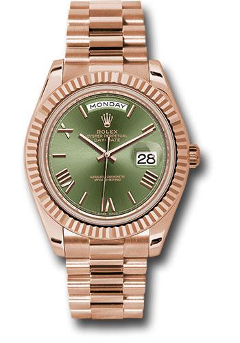 Rolex Day-Date 228235 Everose Gold 40 Fluted Bezel - Olive Green Bevelled Roman Dial - President Bracelet - ogrp