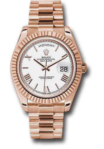 Rolex Day-Date 228235 Everose Gold 40 Fluted Bezel - White Bevelled Roman Dial - President Bracelet - wrp