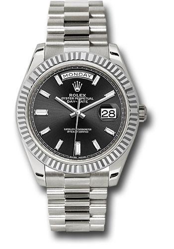 Rolex Day-Date 228239 White Gold 40 Fluted Bezel - Black Baguette Diamond Dial - President Bracelet - bkbdp