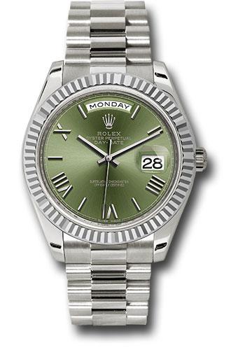 Rolex Day-Date 228239 White Gold 40 Fluted Bezel - Olive Green Bevelled Roman Dial - President Bracelet - ogrp Main image