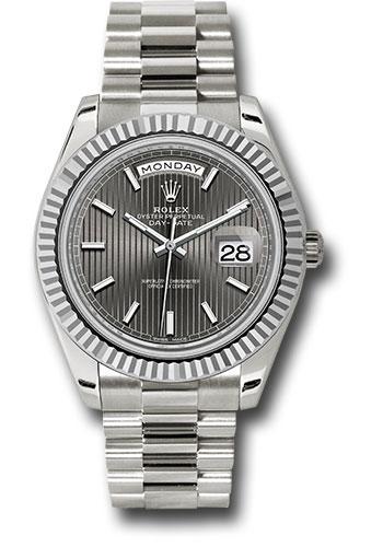 Rolex Day-Date 228239 White Gold 40 Fluted Bezel - Dark Rhodium Stripe Motif Index Dial - President Bracelet - rsmip Main image