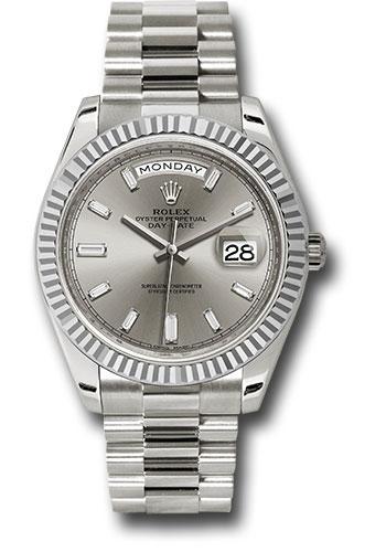 Rolex Day-Date 228239 White Gold 40 Fluted Bezel - Silver Baguette Diamond Dial - President Bracelet - sbdp