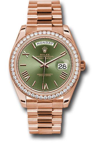 Rolex Day-Date 228345RBR Everose Gold 40 Everose Gold Bezel - Olive Green Bevelled Roman Dial - President Bracelet - ogrp