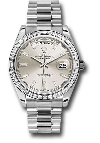 Rolex Day-Date 228396TBR 950 Platinum 40 Bezel - Silver Baguette Diamond Dial - President Bracelet - sbdp
