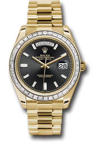 Rolex Day-Date 228398TBR Yellow Gold 40 Yellow Gold Bezel - Black Baguette Diamond Dial - President Bracelet - bkbdp