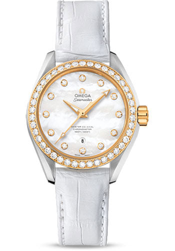 Omega Seamaster 231.28.34.20.55.004 Aqua Terra 150 M Master Co-Axial 34mm Steel Case - Yellow Gold Bezel - Mother-Of-Pearl Diamond Dial - White Leather Strap