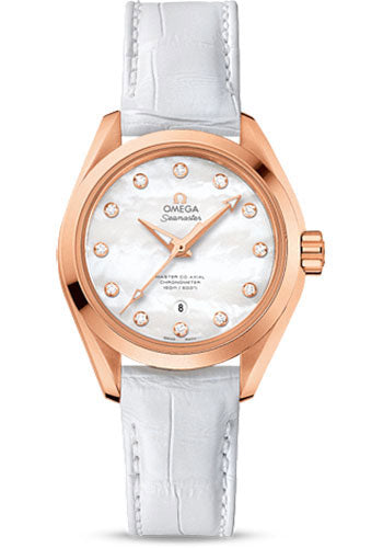 Omega Seamaster 231.53.34.20.55.001 Aqua Terra 150 M Master Co-Axial 34mm Sedna Gold Case - Mother-Of-Pearl Diamond Dial - White Leather Strap