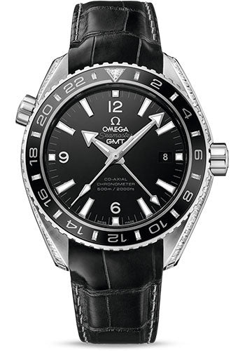 Omega Seamaster 232.98.44.22.01.001 Planet Ocean 600 M Omega Co-Axial GMT 43.5mm Platinum Case - Black Ceramic Bi-Directional Bezel - Black Dial - Black Leather Strap