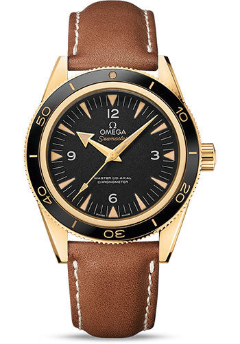 Omega Seamaster 233.62.41.21.01.001 300 Omega Master Co-Axial 41mm Yellow Gold Case - Ceramic Bezel - Black Dial - Brown Leather Strap
