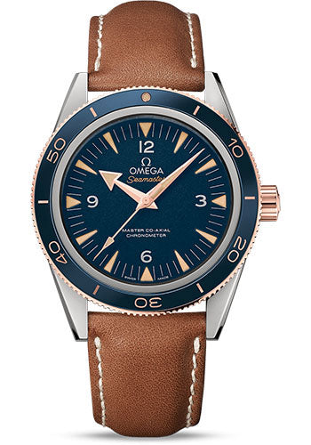 Omega Seamaster 233.62.41.21.03.001 300 Omega Master Co-Axial 41mm Titanium Case - Sedna Gold Bezel - Blue Dial - Brown Leather Strap