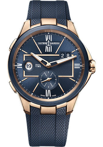 Ulysse Nardin Executive Dual Time 42mm Beware of Blast - Rose Gold Case - Blue Dial - Rubber Strap