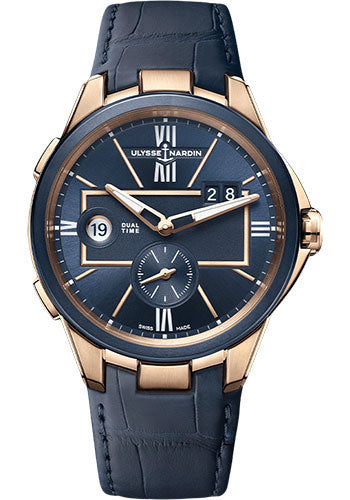 Ulysse Nardin Executive Dual Time 42mm Beware of Blast - Rose Gold Case - Blue Dial - Leather Strap