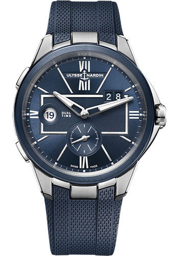 Ulysse Nardin Executive Dual Time 42mm Beware of Blast - Steel Case - Blue Dial - Rubber Strap