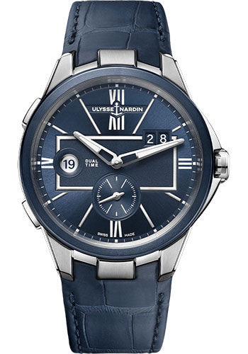 Ulysse Nardin Executive Dual Time 42mm Beware of Blast - Steel Case - Blue Dial - Leather Strap
