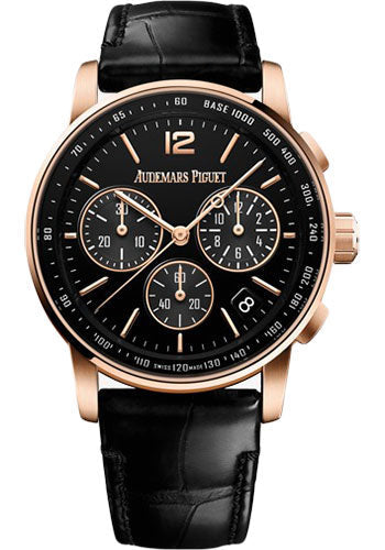 Audemars Piguet Code 11.59 26393OR.OO.A002CR.01 by Audemars Piguet - Selfwinding Chronograph - 41mm Pink Gold Case - Black Dial - Black Alligator Strap Main image