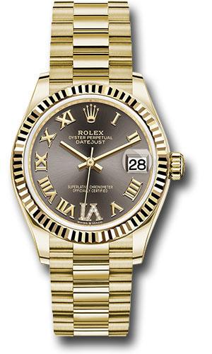 Rolex Datejust 278278 Yellow Gold 31 Fluted Bezel - Dark Grey Diamond Six Dial - President Bracelet - dkgdr6p