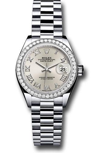 Rolex Lady-Datejust 279136RBR Platinum 28 44 Diamond Bezel - Silver Roman Dial - President Bracelet - srp