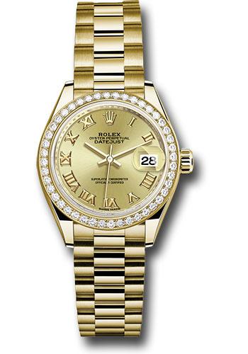 Rolex Lady-Datejust 279138RBR Yellow Gold 28 44 Diamond Bezel - Champagne Roman Dial - President Bracelet - chrp