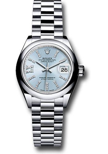 Rolex Lady-Datejust 279166 Platinum 28 Domed Bezel - Ice Blue Diamond Index Dial - President Bracelet - ib36dix8dp