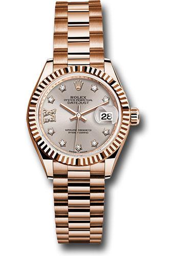 Rolex Lady-Datejust 279175 Everose Gold 28 Fluted Bezel - Silver Sundust Diamond Star Dial - President Bracelet - s9dix8dp