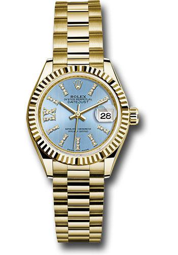Rolex Lady-Datejust 279178 Yellow Gold 28 Fluted Bezel - Cornflower Blue Stripe Diamond Index Dial - President Bracelet - cbls36dix8dp