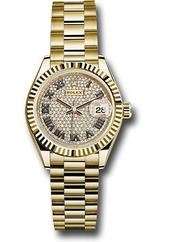 Rolex Lady-Datejust 279178 Yellow Gold 28 Fluted Bezel - Diamond Paved Roman Dial - President Bracelet - dprp