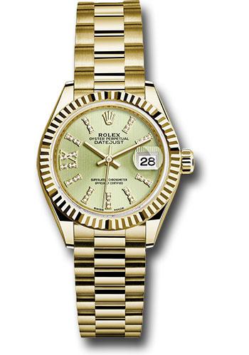 Rolex Lady-Datejust 279178 Yellow Gold 28 Fluted Bezel - Linden Green Strip Diamond Index Dial - President Bracelet - lings36dix8dp