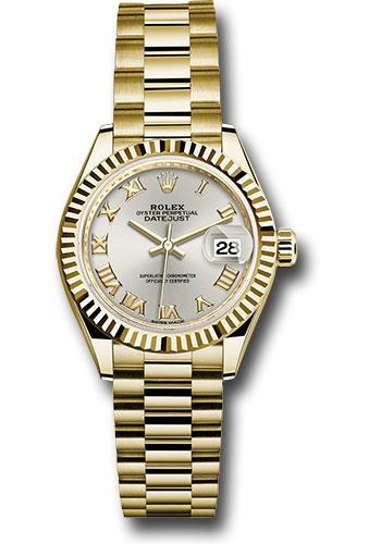 Rolex Lady-Datejust 279178 Yellow Gold 28 Fluted Bezel - Silver Roman Dial - President Bracelet - srp