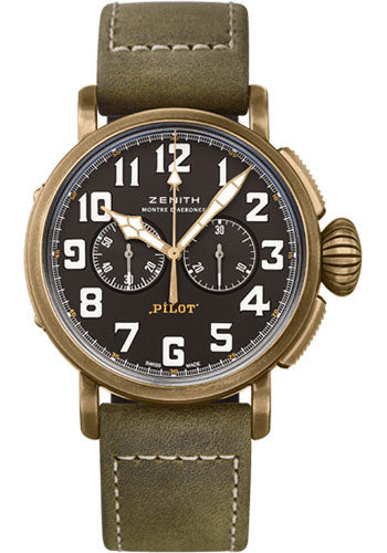 Zenith 29.2430.4069/21.C800 Pilot Type 20 Chronograph Extra Special Bronze - Black Dial - Green Oily Nubuck Strap Main image