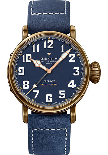 Zenith 29.2430.679/57.C808 Pilot Type 20 Extra Special Bronze - Blue Dial - Blue Oily Nubuck Strap
