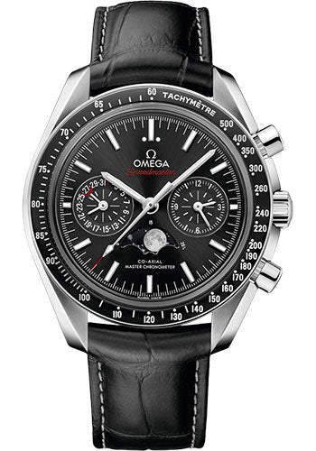 Omega Speedmaster 304.33.44.52.01.001 Moonphase Master Chronometer Chronograph 44.25mm Steel Case - Black Liquid Metal Bezel - Black Dial - Black Leather Strap