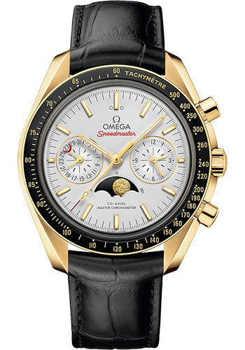 Omega Speedmaster 304.63.44.52.02.001 Moonphase Master Chronometer Chronograph 44.25mm Yellow Gold Case - Silvery Diamond Dial - Black Leather Strap Main image