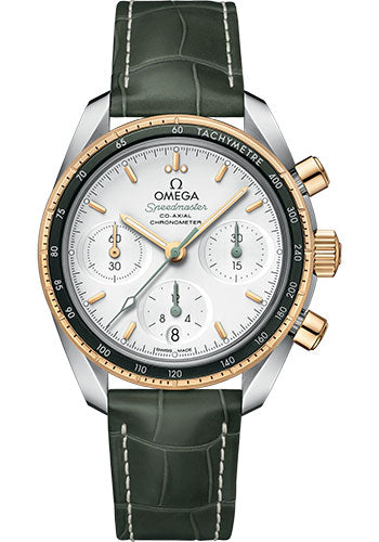 Omega Speedmaster 324.23.38.50.02.001 38 Co-Axial Chronograph 38mm Steel And Yellow Gold Case - Silvery Dial - Green Leather Strap
