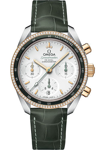 Omega Speedmaster 324.28.38.50.02.001 38 Co-Axial Chronograph 38mm Steel And Yellow Gold Case - Dual Diamond Bezel - Silvery Dial - Green Leather Strap Main image