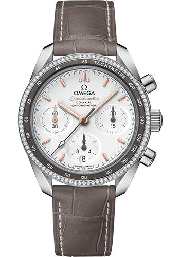 Omega Speedmaster 324.38.38.50.02.001 38 Co-Axial Chronograph 38mm Steel Case - Dual Diamond Bezel - Silvery Dial - Taupe-Brown Leather Strap Main image