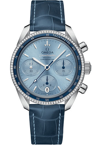 Omega Speedmaster 324.38.38.50.03.001 38 Co-Axial Chronograph 38mm Steel Case - Dual Diamond Bezel - Ice Blue Dial - Blue Leather Strap