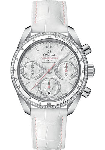 Omega Speedmaster 324.38.38.50.55.001 38 Co-Axial Chronograph 38mm Steel Case - Dual Diamond Bezel - Mother-Of-Pearl Diamond Dial - White Leather Strap Main image