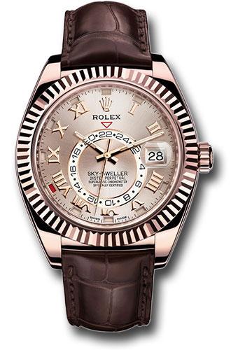 Rolex Sky-Dweller 326135 Everose Gold Sundust Roman Dial - Brown Leather Strap - su