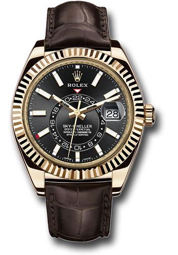 Rolex Sky-Dweller 326138 Yellow Gold Black Index Dial - Brown Leather Strap - bk