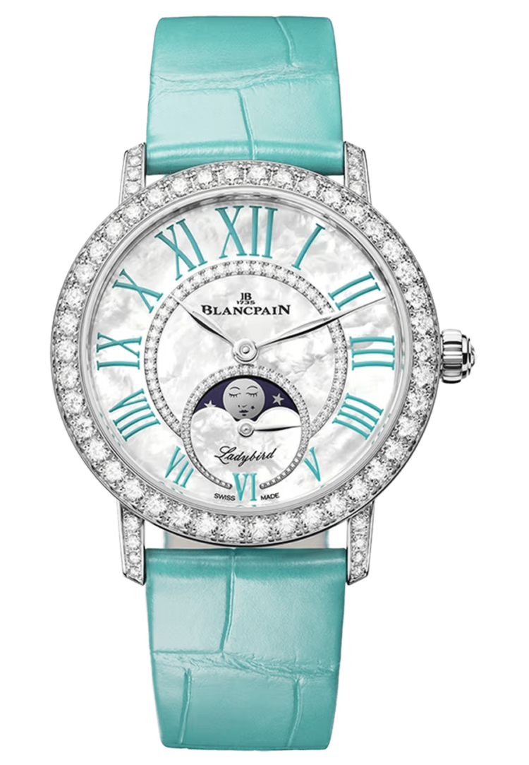 Blancpain 3662A 1954 55B Ladybird Colors Phases de Lune White Gold Turquoise Alligator Ladies