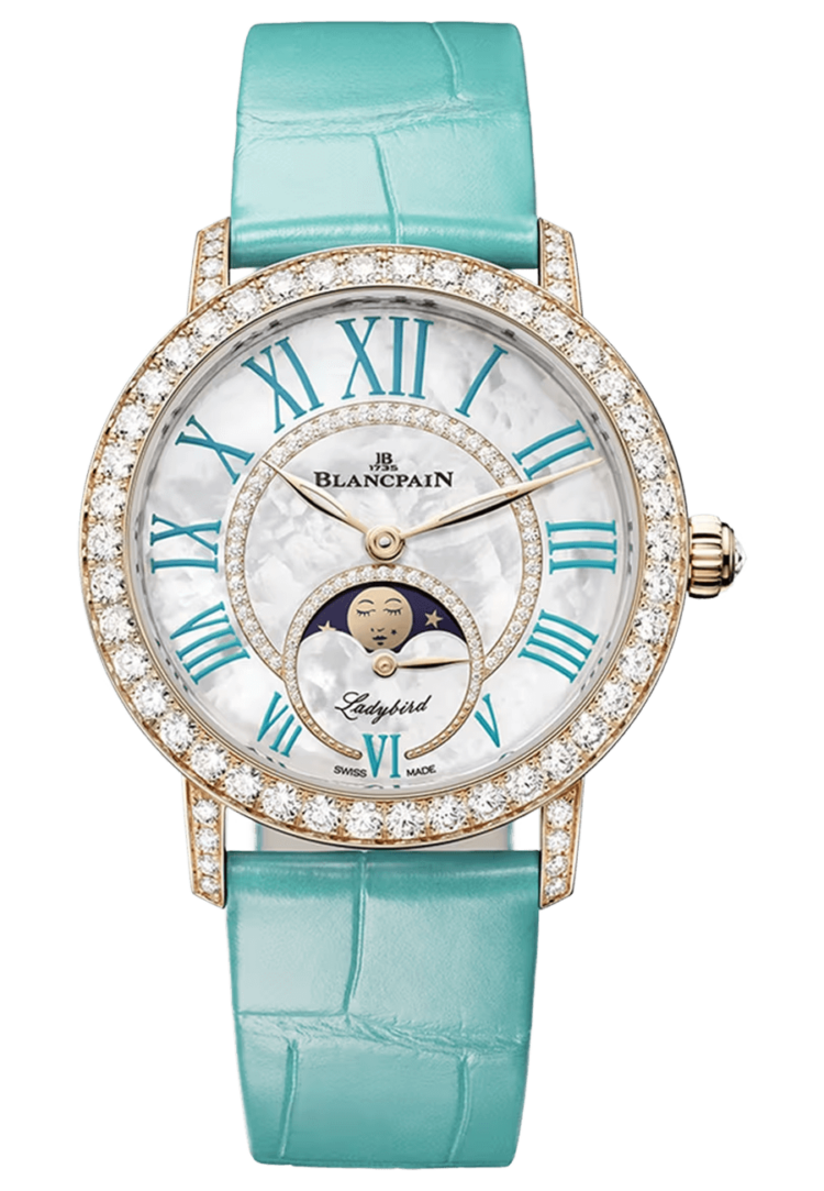 Blancpain 3662A 2954 55B Ladybird Colors Phases de Lune Red Gold Turquoise Alligator Ladies