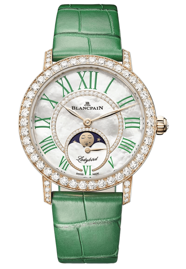 Blancpain 3662B 2954 55B Ladybird Colors Phases de Lune Red Gold Green Alligator Ladies