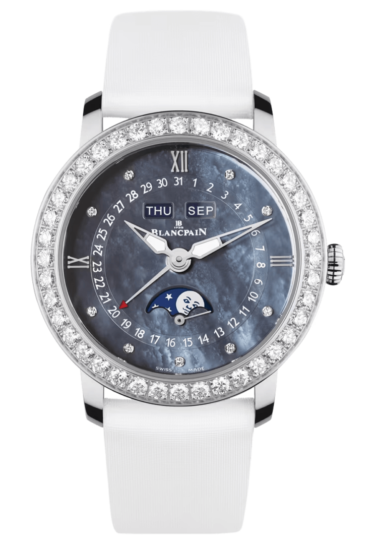 Blancpain 3663 4654L 52B Ladybird Quantieme Complet Diamond Mother of Pearl Satin Ladies