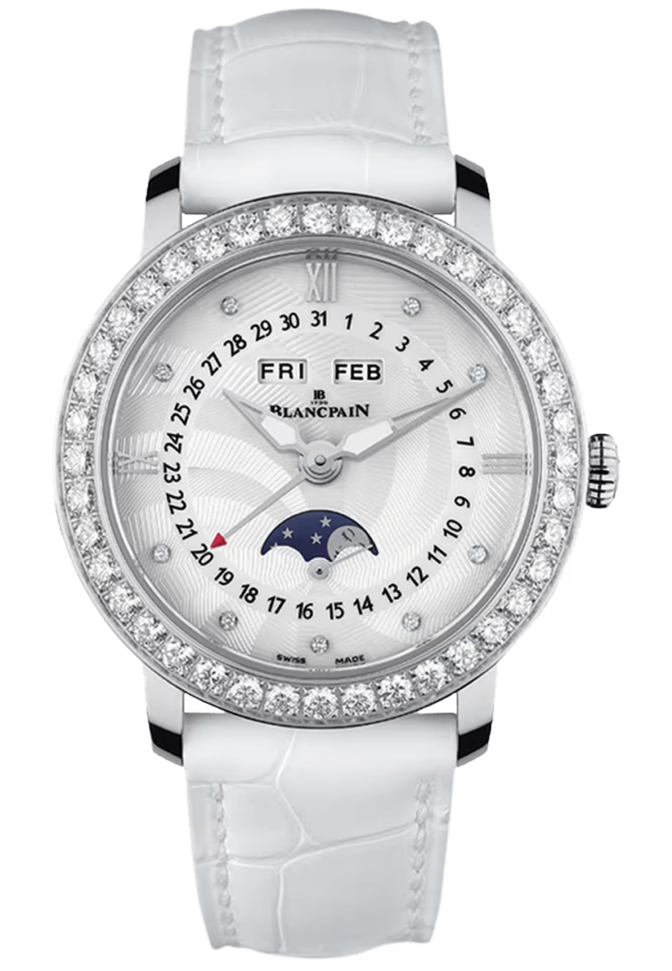 Blancpain 3663A 4654 55B Ladybird Quantieme Complet Diamond White Alligator Ladies