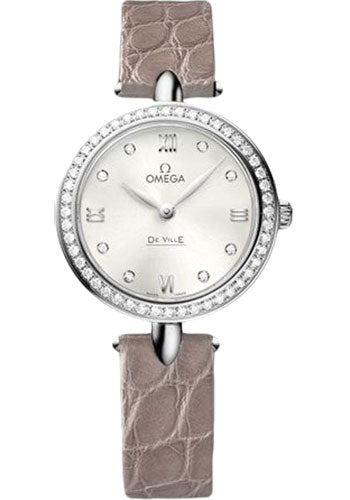 Omega De Ville 424.18.27.60.52.001 Prestige Quartz Dewdrop 27.4mm Steel Case - Radiant Diamond Paved Bezel - Silvery-Sun Dial - Leather Strap