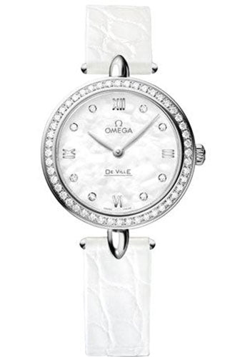 Omega De Ville 424.18.27.60.55.001 Prestige Quartz Dewdrop 27.4mm Steel Case - Radiant Diamond Paved Bezel - Mother-Of-Pearl Dial - Leather Strap
